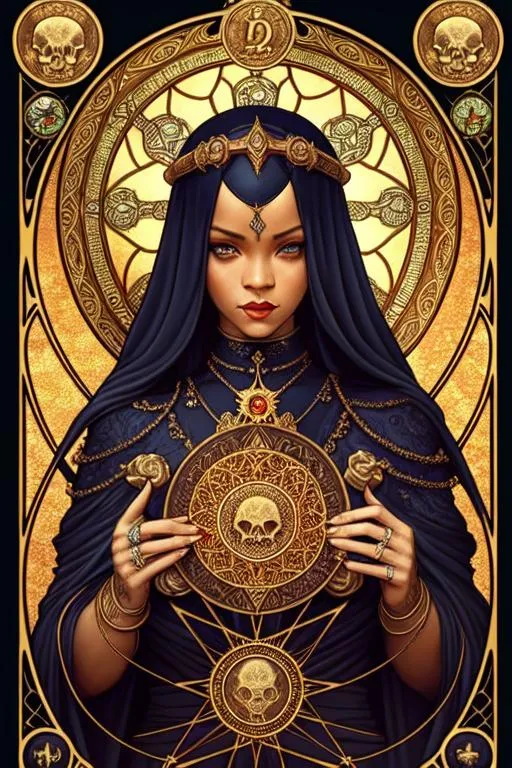 Prompt: Symmetrical + ((rihanna)) + middle close up + evil + lace + gothic + occult + dangerous + goddess of death + skulls + dark magical symbolism + high detail + hyperdetailed + elegant + intricate+ frightening + an empty tarot card, art nouveau, amazing details, intricate details, beautiful , black paper, fractal system circuit , in the style of Alphonse Mucha,