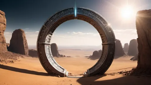 Prompt: circular stargate, gateway between worlds, ring, ring standing on edge, complete ring, panoramic view