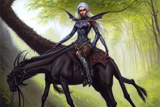 Prompt: oil painting, hd quality, UHD, hd , 8k, hyper realism, panned out view resolution, full length, drow elf, riding on a spider