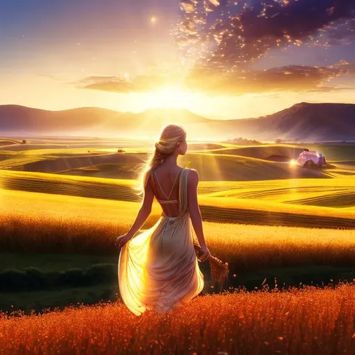 Prompt: HD 4k 3D 8k professional modeling photo hyper realistic beautiful greek woman ethereal greek goddess of grain, agriculture, harvest, growth, and nourishment
blonde hair hazel eyes gorgeous face tan skin yellow shimmering dress full body surrounded by magical glowing sunlight hd landscape background of enchanting mystical wheatfield at sunset with pigs snakes and a staff