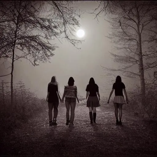 Prompt: Three school friends in a haunted forest at night.