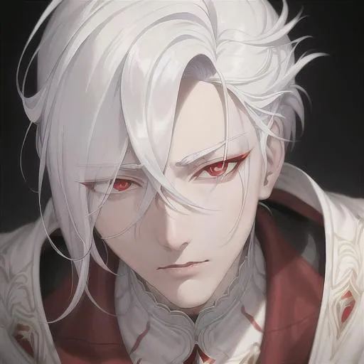 Prompt: "A close-up photo of a handsome boy,  white hair, red eyes, wearing kings robe, in hyperrealistic detail, with a slight hint of loneliness in his eyes. His face is the center of attention, with a sense of allure and mystery that draws the viewer in, but his eyes are also slightly downcast, as if a sense of loneliness is lingering in his thoughts. The detailing of his face is stunning, with every pore, freckle, and line rendered in vivid detail, but the image also captures the subtle emotions of loneliness that might lie beneath his surface."