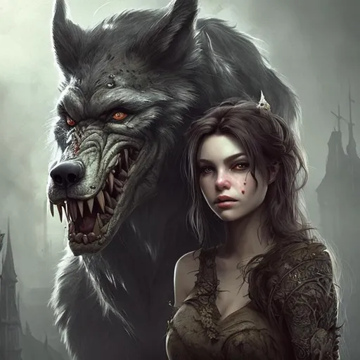 Prompt: a gorgeous dark-haired woman is standing with a grotesque wolf-like monster who is drooling saliva, fantasy art, photorealism