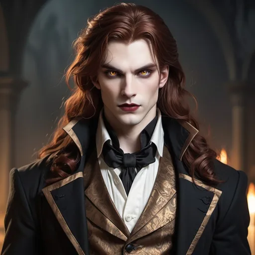 Prompt: a wolf and a [full figure handsome male vampire with long, auburn hair, pale skin, dark lips and amber eyes, wearing a tailcoat and a bronze vest]