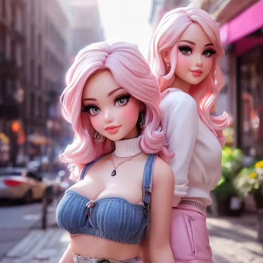 Prompt: Full body Portrait of {Porn artist Ella in the street with her friend Beulah} with {pink} hair and with cute face, {High resolution street details}, full body, perfect composition, hyperrealistic, super detailed, 8k, high quality , trending art , trending on artstation , sharp focus , Realistic background image hd, intricate details, highly detailed.