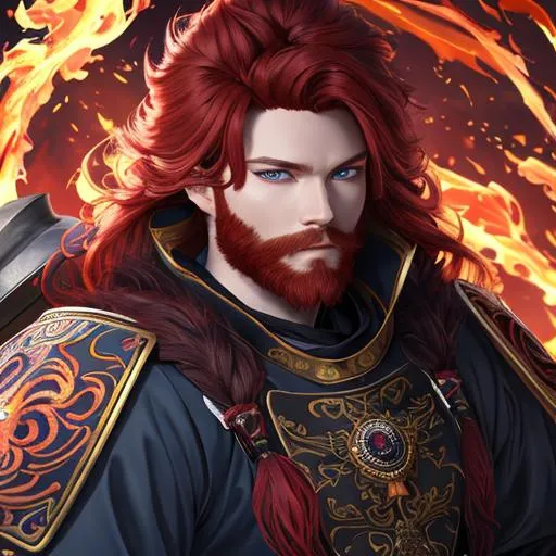 Prompt: "Full body, oil painting, fantasy, portrait of a young elemental human man with flowing fiery red hair and trimmed fiery red beard and glowing blue eyes | Warrior wearing east asian armor wielding a large poleaxe with both hands , #3238, UHD, hd , 8k eyes, detailed face, big anime dreamy eyes, 8k eyes, intricate details, insanely detailed, masterpiece, cinematic lighting, 8k, complementary colors, golden ratio, octane render, volumetric lighting, unreal 5, artwork, concept art, cover, top model, light on hair colorful glamourous hyperdetailed medieval city background, intricate hyperdetailed breathtaking colorful glamorous scenic view landscape, ultra-fine details, hyper-focused, deep colors, dramatic lighting, ambient lighting god rays, flowers, garden | by sakimi chan, artgerm, wlop, pixiv, tumblr, instagram, deviantart