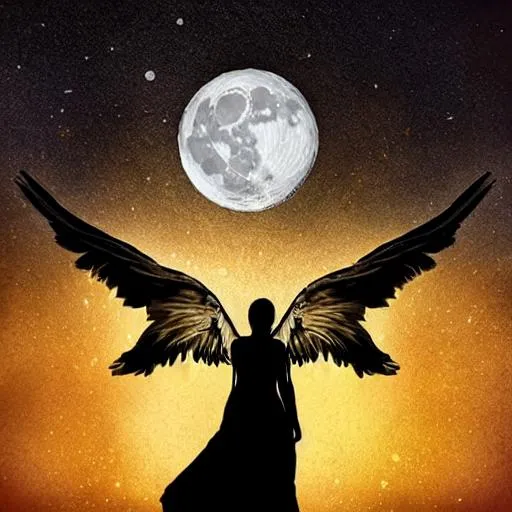Prompt: create an extremely high detail, beautiful, realistic portrait of a dark angel in front of the moon