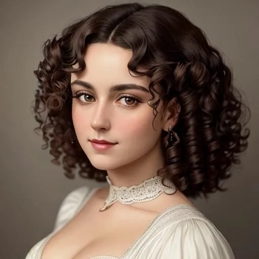 Prompt: An attractive 35 year old woman with very curly hair, elegant, Victorian era, 19th century, facial closeup