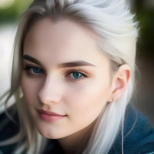 Prompt: photo realistic portrait of beautiful young woman,15 years old face, face, silver hair, stray hair, cute face, Pale white skin,beautiful eyes and lips, ideal human, Wear headset , Wear white jacket, 85mm lens,f8, photography, ultra details, natural light, light background, photo, Studio lighting
