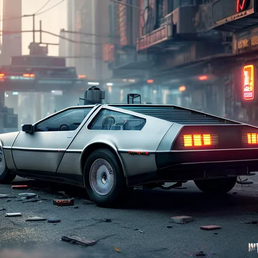 Prompt: highly detailed photorealistic rendering of the delorean from back to the future parked on the streets of a cyberpunk abandoned city, futuristic post - apocalyptic vibe, by greg rutkowski and stanley artgerm and alphonse mucha, octane, sharp focus, hyperrealistic, unreal engine 5, vray, masterpiece