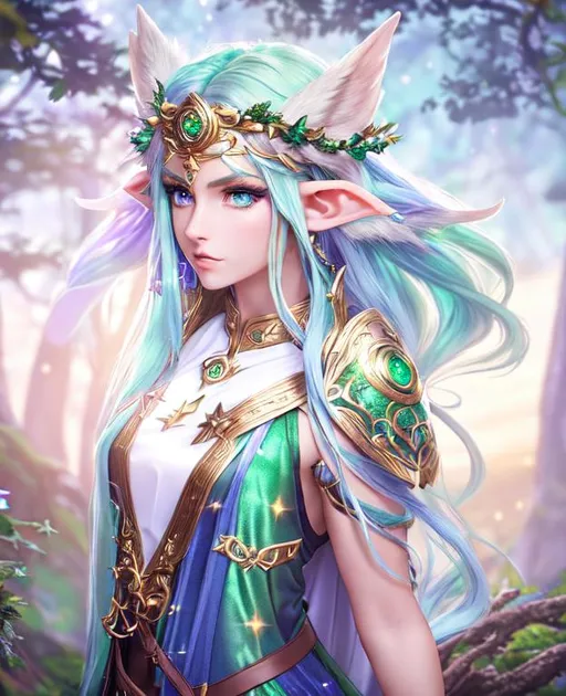 Prompt: female, starry form, druid, fey wild, elf, green hair, middle hair length, dreamy blue eyes, teenage, druid, FULL BODY Portrait of {goddess}, perfect composition, hyper-realistic, super detailed, 8k, high quality, trending art, trending on art station, sharp focus, studio photo, intricate details, highly detailed, leather clothing,  perfect composition, full height, full body focus, excited, symmetrical, perfect composition, front, epic Instagram, hyperdetailed intricately detailed, unreal engine,