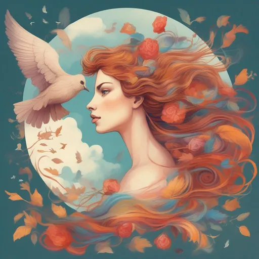 Prompt: A colourful and beautiful Persephone, with hair made of cloud, with birds in flight around her in a painted style