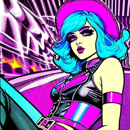 Prompt: Retro femboy punk rock 70's vibe trippy comic style pop art goth punk fashion confident 
