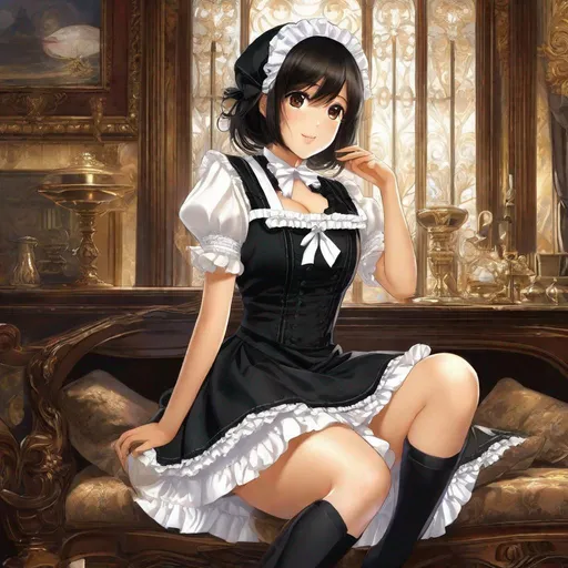 Prompt: anime art, pretty young Indonesian maid, 25 year old, (round face, high cheekbones, almond-shaped brown eyes, epicanthic fold, small delicate nose, luscious lips, short bob black hair), (saucy maid costume), perfect hourglass figure, thigh-highs, bending over, dusting, background ornate drawing room, masterpiece, intricate detail, best quality, expressive eyes, perfect face, Japanese manga, Pixiv, Anime Key Visual, Fantia 