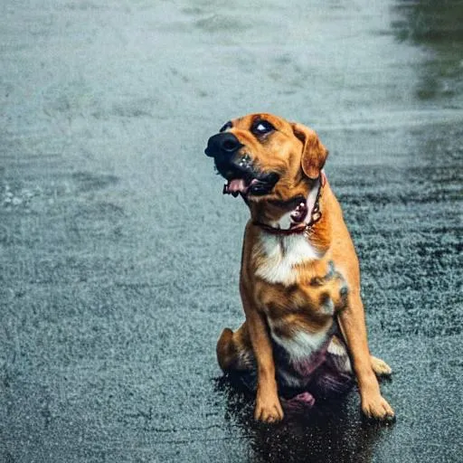 Prompt: Dog laughing in the rain