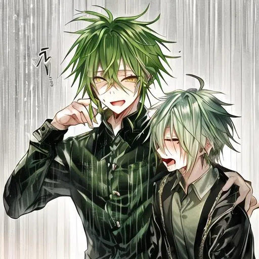 Prompt: Ukyo from amnesia, 1boy, male, adult, green hair, highly detailed, messy_hair, punk_style, 
squirrel screaming, rainy, crying 