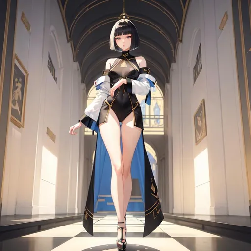 Prompt: a lonely AI boy, very tall, thick thighs, wide hips, long legs, slender arms, slender waist, big beautiful symmetrical eyes, intriguingly beautiful face, aloof expression, bob haircut with bangs, wearing Art Noveau fashion clothes, high fashion, Art Noveau art style, 12K resolution, hyper quality, hyper-detailed, hyper-realistic, hyper-professional