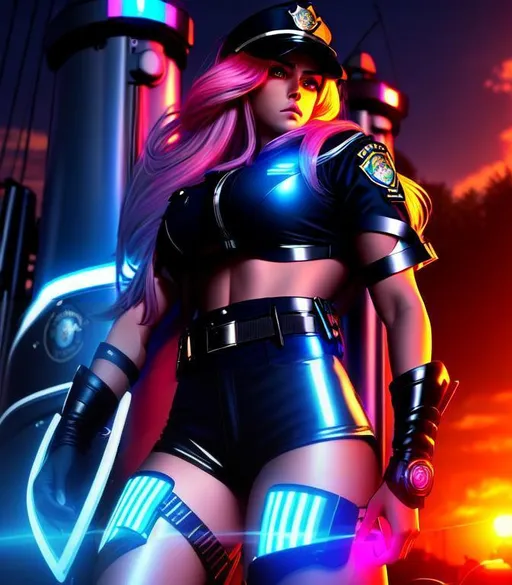 Prompt: Action, Neon, cinematic, 3D, HD, {female}Goddess as Police officer with long flowing hair, Beautiful big reflective eyes, expansive futuristic background, sunset, hyper realistic, 8K --s98500