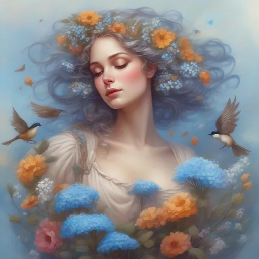 Prompt: A beautiful and colourful Persephone whose hair is made of clouds that rains down forget-me-not flowers and baby's breath flowers, while chickadees fly around her in a painted style