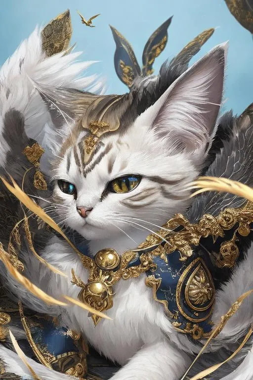 Prompt: 4 winged cat, multiple eyes, (masterpiece), (best quality:1.2), (intricate detail), dynamic angle, looking at viewer, (1male), ((solo)), (((full body))), (slender), (((tabaxi))), (((white fur))), ((blue pupils)), (((light armor))), black armor, ((cloak)), mysterious, ((ominous expression))