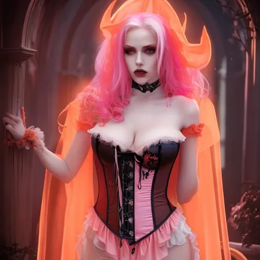 Prompt: Beautiful blonde/pink/orange vampire wearing a sheer pink and orange corset mini dress with a hooded cape bewitching a man under her spell, cinematic, realistic, 64k, life-like, spooky, 3D, UHD, soft grade, sharp, Halloween theme
