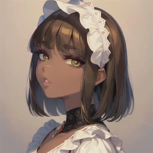Prompt: (masterpiece, illustration, best quality:1.2), sharp eyes, wearing a white silky nightgown, brown skin, mad face, detailed eyes, medieval style, short straight hairstyle, black hair, devilish like green eyes, black eyelashes, best quality face, best quality pupil's,  best quality, best quality skin, best quality eyes, best quality lips, ultra-detailed eyes, ultra-detailed hair, ultra-detailed, illustration, colorful, soft glow, 1 girl