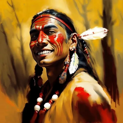 Prompt: Chief Wahoo, a red skinned native american warrior, high peaked eyebrows, toothy grin, beaded headband with a single feather projecting sideways.  red paint on bridge of nose, high definition, Highly detailed illustration in the style of Adolph Menzel, James Gurney, Archibald Willard