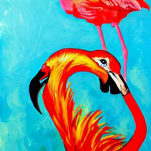 Prompt: non objective painting of a burning flamingo on a clear ciano high quality blue pool