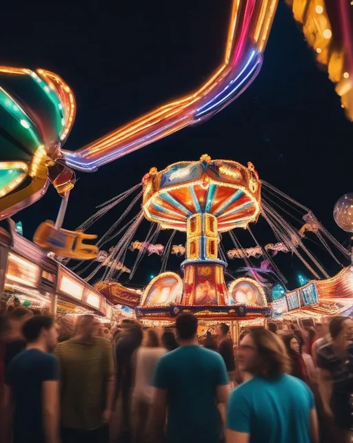 Prompt: A busy carnival midway at night filled with colorful rides, games, and lights. Shot from below using a wide angle lens to capture the energy and crowds. Vibrant, exciting mood. 