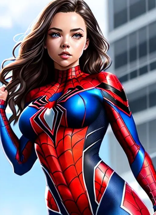 Prompt: sydney sweeney , suit spider-woman , spider-man costume , full body shot , detailed face , detailed eyes , real face, fitness body , full body shot , beautiful face , hd , without blure , costume , detailed spider logo on costume , highly detailed, digital painting, artstation, concept art, smooth, sharp focus, illustration, art by artgerm and greg rutkowski and alphonse mucha, background spider web