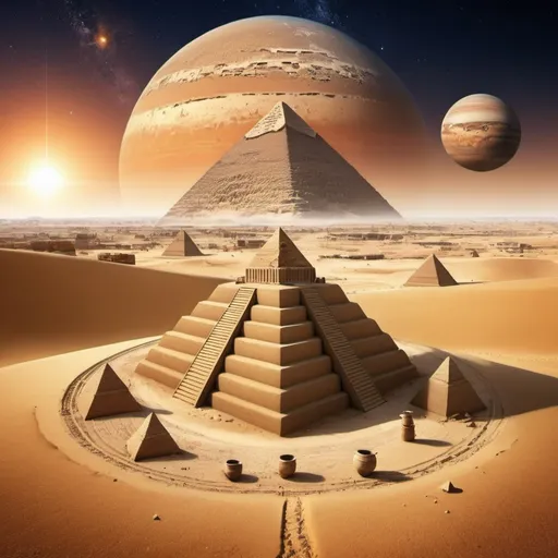 Prompt: A well in the middle of the desert, the pyramids of Egypt, and planets in the sky