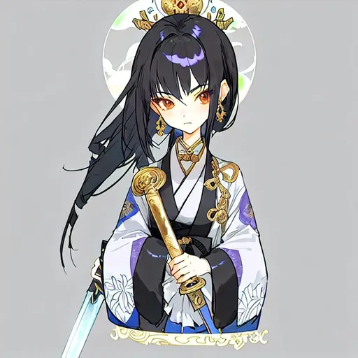 Prompt: 19 y.o Japanese girl. Wear a royal fantasy dress with a sword. Black hair and beauty. Looks mysterious 