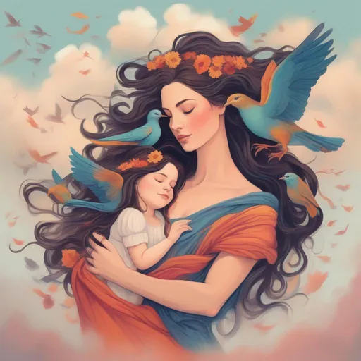 Prompt: A colourful and beautiful Persephone, with her hair being brunette and made out of clouds, lovingly cradling her daughter with birds in flight around her in a painted style