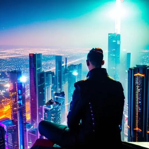 Prompt: a cyberpunk sitting high up on a high tower smoking a joint traped by miles of cyberpunk hellscape 
