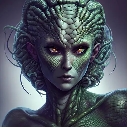 Prompt: A realistic portrait of a woman that is a hybrid of a reptile. a medusa and a skinwalker. Sci-fi. digital art. character design. realistic style. high resolution. cool lighting effects. intriguing.