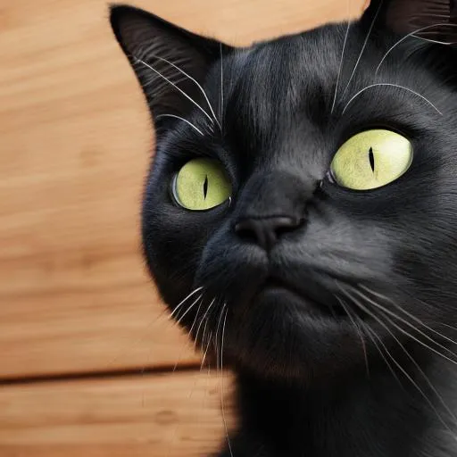 Prompt: Black cat, wooden wall in background, real, wildlife, furry