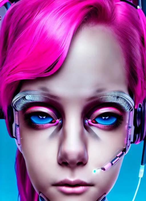 Prompt: Portrait of cyborg girl with pink hair and with cute face, cables from her eyes, cyberpunk, perfect composition, hyperrealistic, super detailed, 8k, high quality, highly detailed