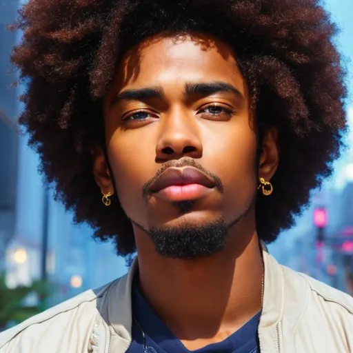 Prompt: an anime handsome black man, brown skin, young, short nappy hair, 
blue eyes, smooth soft skin, big dreamy eyes, beautiful intricate colored hair, symmetrical, anime wide eyes, beautiful eyes, soft lighting, detailed face, by makoto shinkai, stanley artgerm lau, wlop, rossdraws, potrait, 8k, best quality