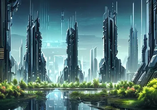 Prompt: Black futuristic city skycrapers in military style with lot of plants and beautiful sun oil paint 