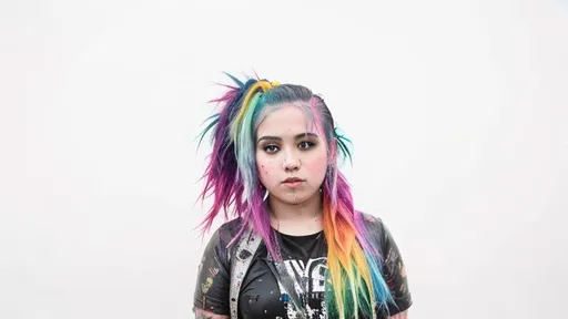 Prompt: Chubby rainbow haired goth girl with torn and wet clothing. 