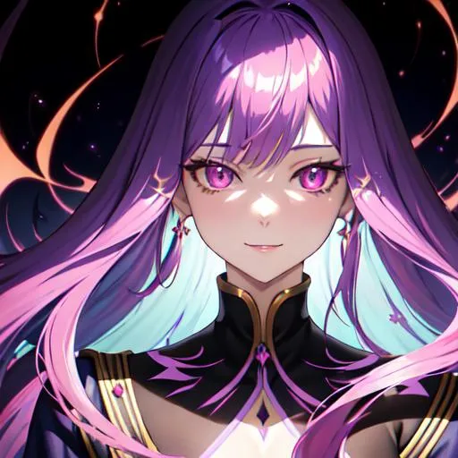Prompt: detailed background, portait  young woman, smile yandere, purple and deep blue long hair, light yellow upside hair, dark pink eyes, lights and shadows efects, magic efects, the chaos of light, tuning colors, detailed splash light colors efects, empress of demon, crazy shadows efects