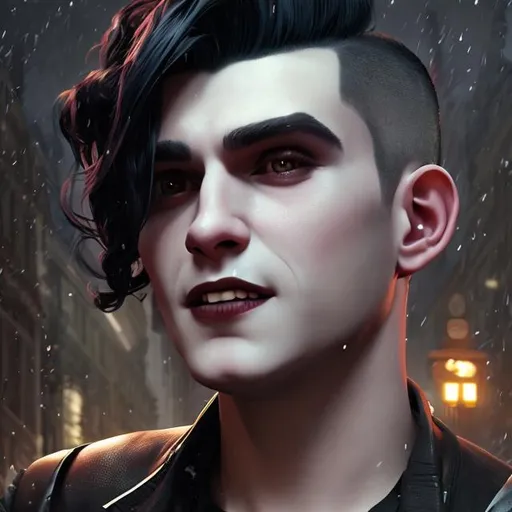 Prompt: beautiful mid-twenties goth young french male, handsome, smile, long black hair shaved sides, art deco berlin, portrait, realistic details, photorealistic, 8k render, cinematic lighting, ultra detailed