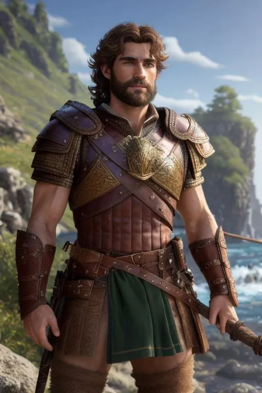 Prompt: Intricately detailed photorealistic image of a ruggedly handsome Greek god dressed as a D&D ranger wearing  only a breastplate, no other clothing or armor, styled short wavy hair and short tapered beard, holding a leather hand wrapped wooden staff, very detailed eyes, UHD, 8K, realism, correct perspective