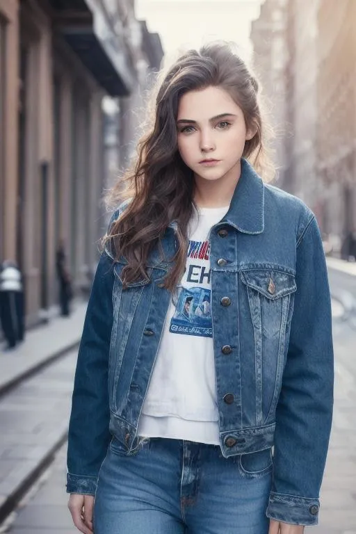 Prompt: 1girl, 8k, semi-realistic, masterpiece, cgi,( beautiful face, 20yo), wave hair, detail hair, (jacket, blue jeans), on street, full body, look on camera, hold a bag, cold light, nice pose 