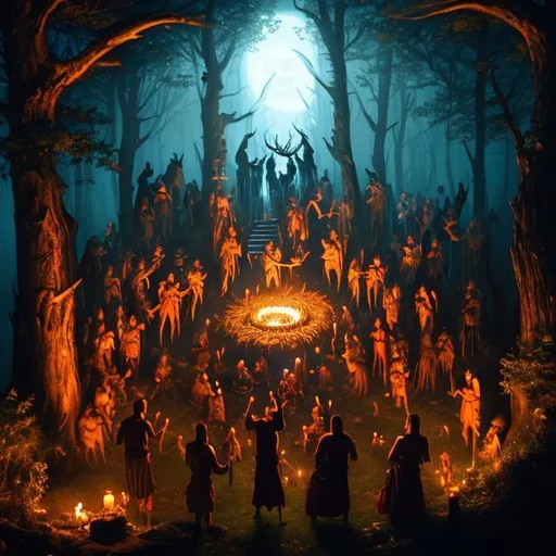 Prompt: A shamanic ritual at night in the woods, lot of people,  d&d, 8k, high quility, high detailed, art