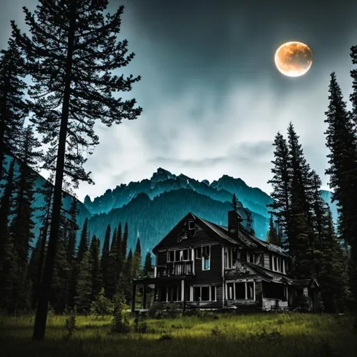 Prompt: abounded house, night ,  moon, mountain , dark forest , torch, fire 