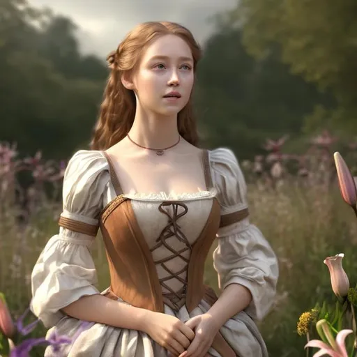 Prompt: HD 4k 3D professional modeling photo live action  hyper realistic beautiful  woman maid marion long auburn hair tan skin light brown eyes pink and white dress Tudor England manor english countryside lilies landscape hd background ethereal mystical medieval beauty 