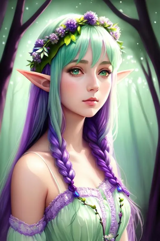 Prompt: 1girl, portrait, watercolor masterpiece,

realistic illustration of Female fantasy elf druid, in a vintage lavender and light mint green dress, green flowers in her purple hair, in a forest by the moonlight, symmetrical,

hyper realistic masterpiece, highly contrast water color pastel mix, sharp focus, digital painting, pastel mix art, digital art, clean art, professional, contrast color, contrast, colorful, rich deep color, studio lighting, dynamic light, deliberate, concept art, highly contrast light, strong back light, hyper detailed, super detailed, render, CGI winning award, hyper realistic, ultra realistic, UHD, HDR, 64K, RPG, inspired by wlop, UHD render, HDR render