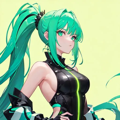 Prompt: She has a long, distinctive neon-green that fades to blue hair in a ponytail
