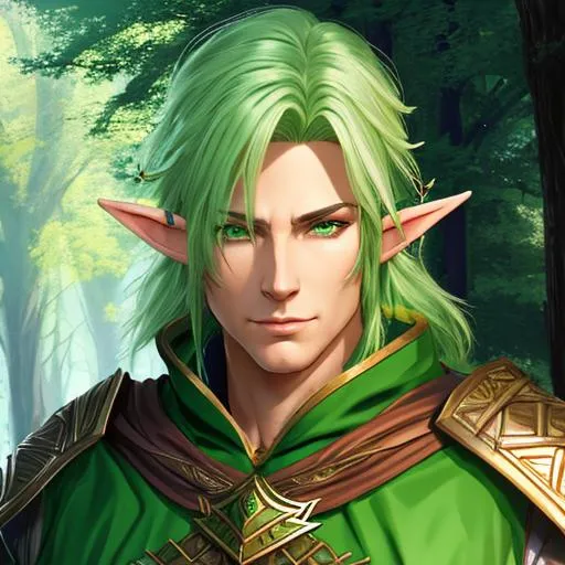 mature male dnd eladrin elf, hide armor, light green...